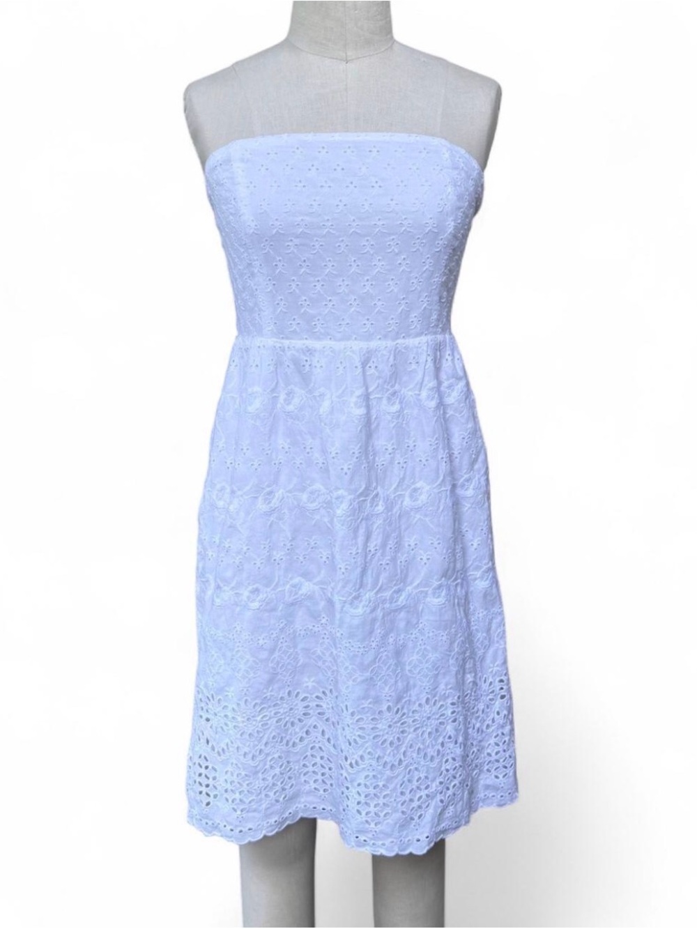 White Eyelet Strapless Sundress knee length with ruching cottagecore